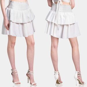 NEW HT 360 Collective Smocked Waist Ruffle Tiered Cotton Mini Skirt White